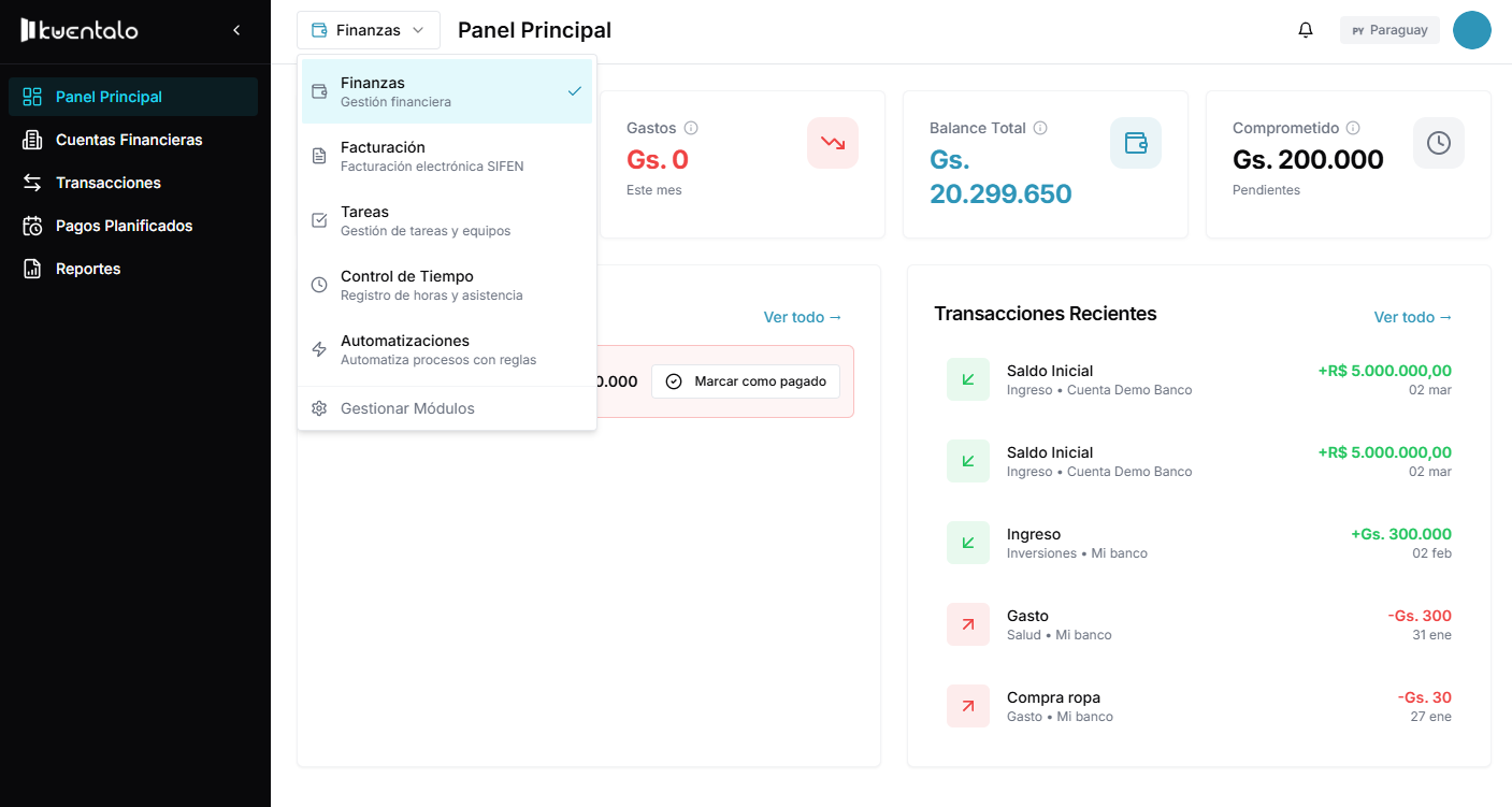 Panel Principal de Kuentalo - Gestión Financiera